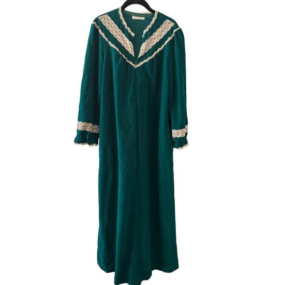 Vintage 80s Vassarette Teal Nightgown Housecoat Lace Trim & Long Sleeves Size M - Picture 1 of 5
